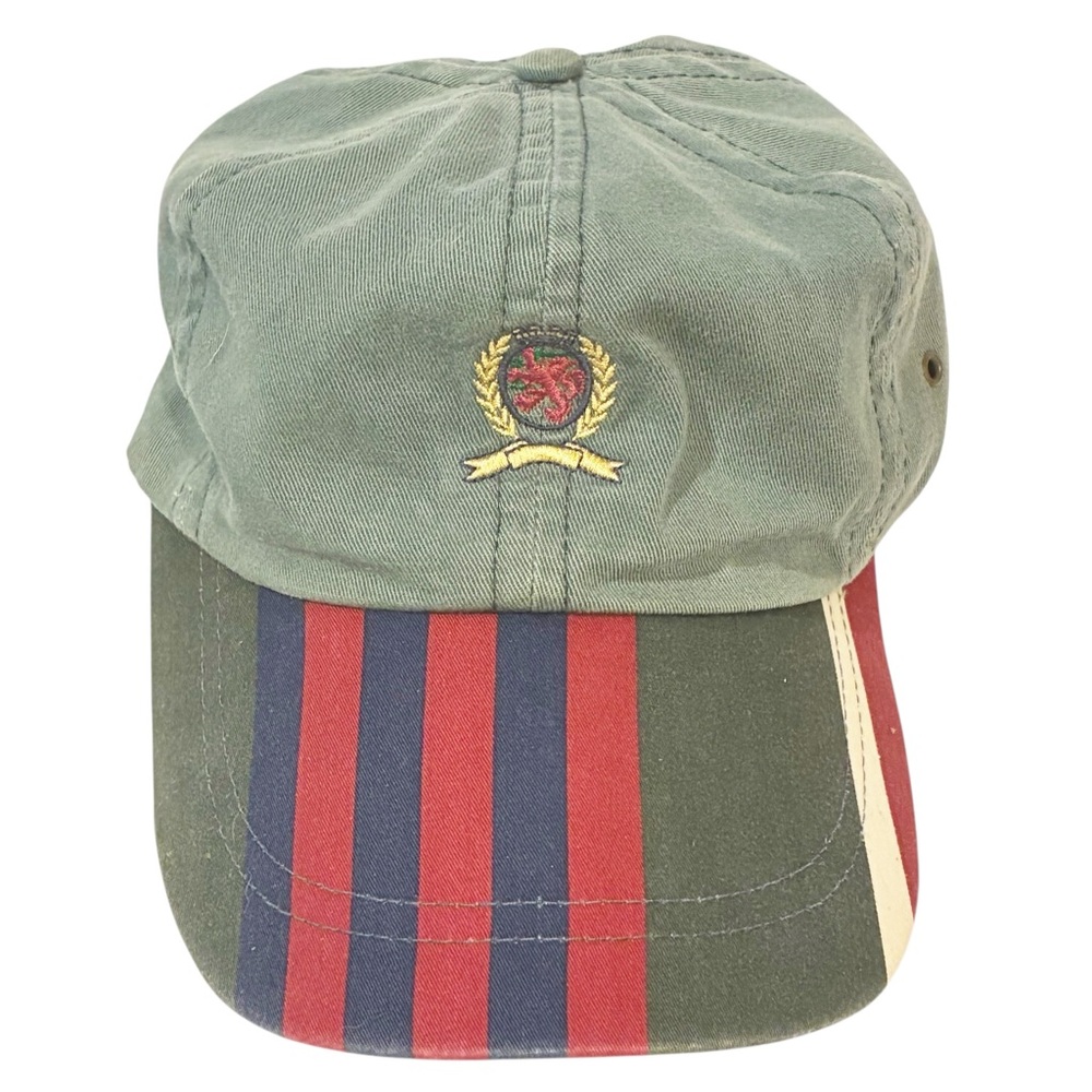Vintage Tommy Hilfiger Green Flag Hat Striped Brim Rare Cotton Made in USA